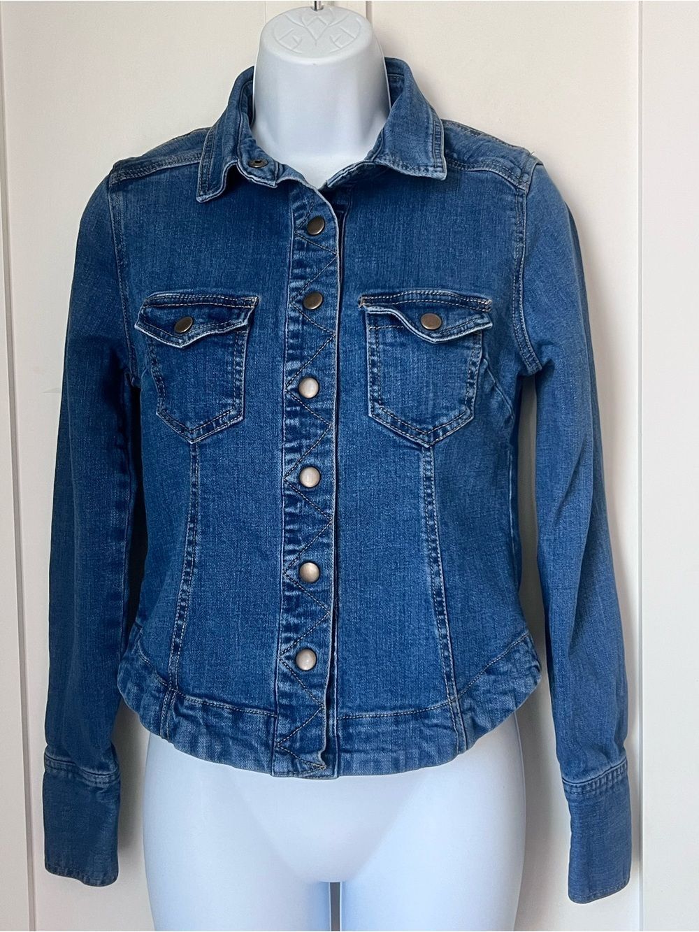 Free People Denim Stretch Snap Front Blue Jean Boho Western Rodeo Jacket S